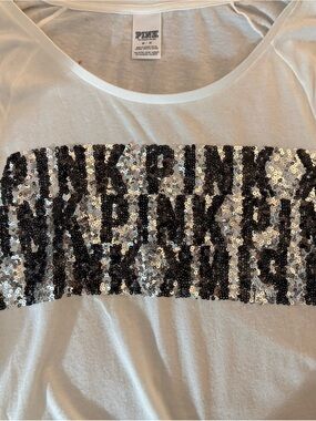 PINK Victoria's Secret White Long Sleeve Tee with Black and Silver Sequins
